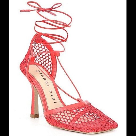 Gianni Bini Women's Size 6.5 Gladiator Heeled Lace up Sandals Heels Red Fishnet - Picture 1 of 9